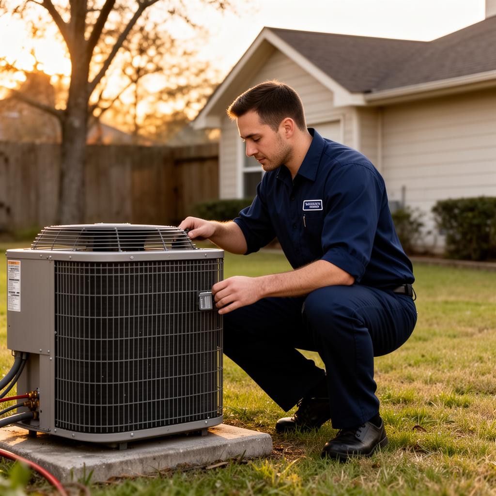 Houston Premier Comfort technician inspecting an outdoor AC condenser